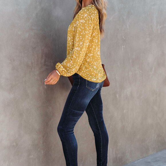 Yellow Autumn Split Neck Dot Printed Crinkled Blouse Size Large - Picture 5 of 5